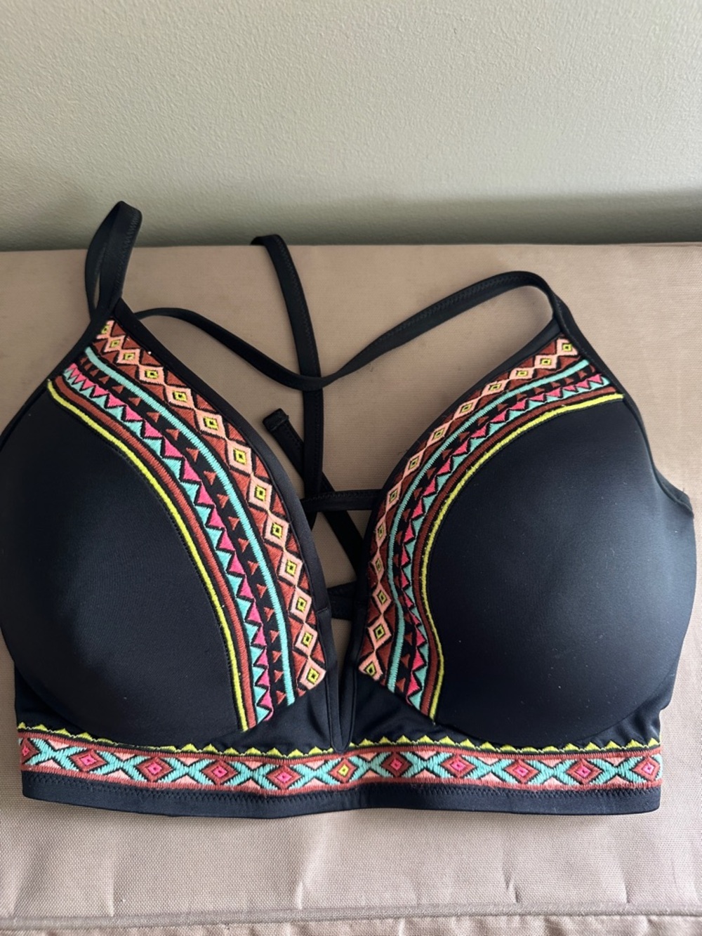 Shade & Shore Black Embroidered Geometric Bikini Top